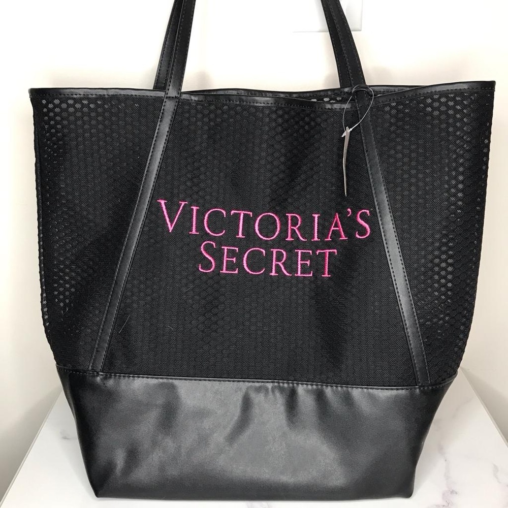 Victoria's Secret Black Mesh Pink Logo Tote Bag